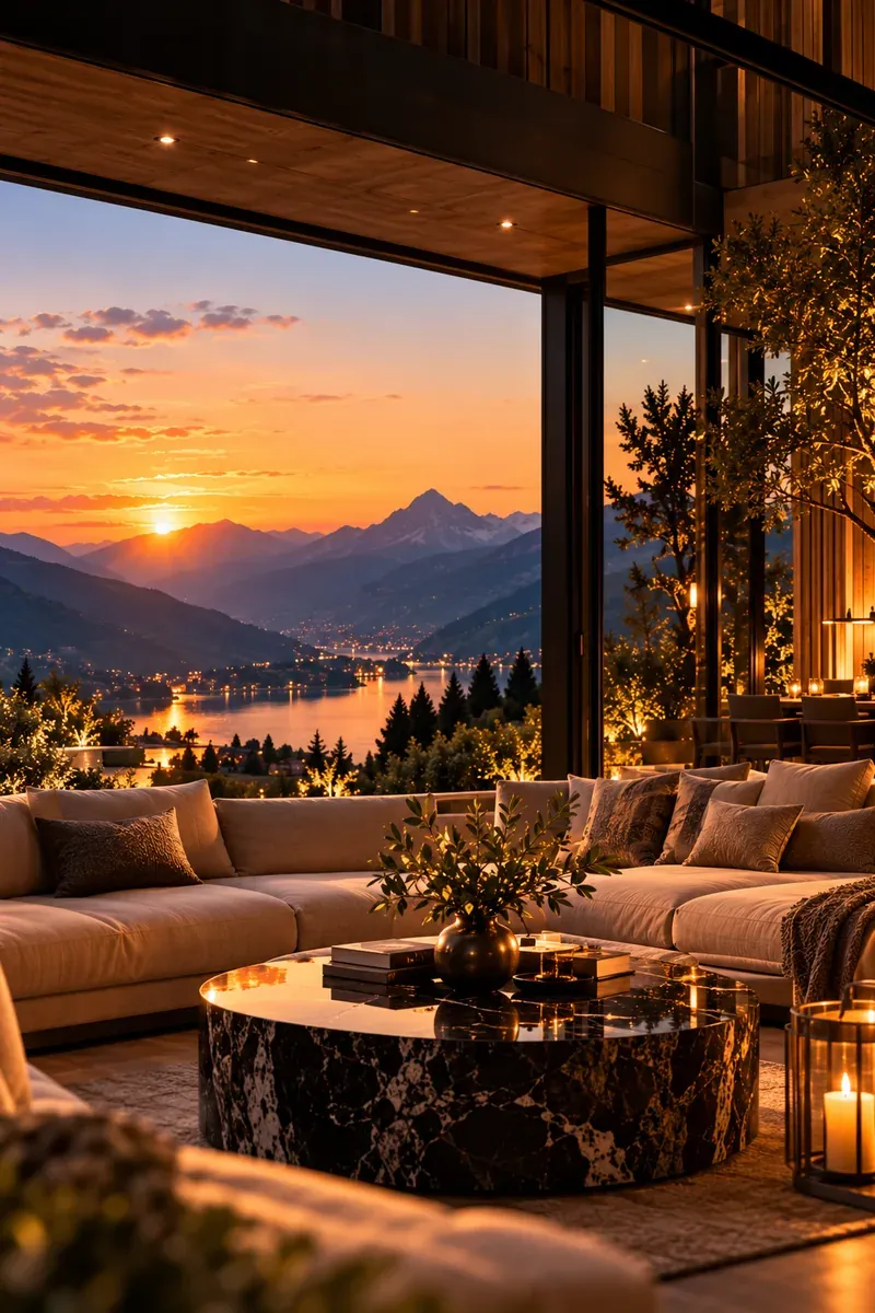 A lodge lounge opening onto a lake and mountain view at sunset