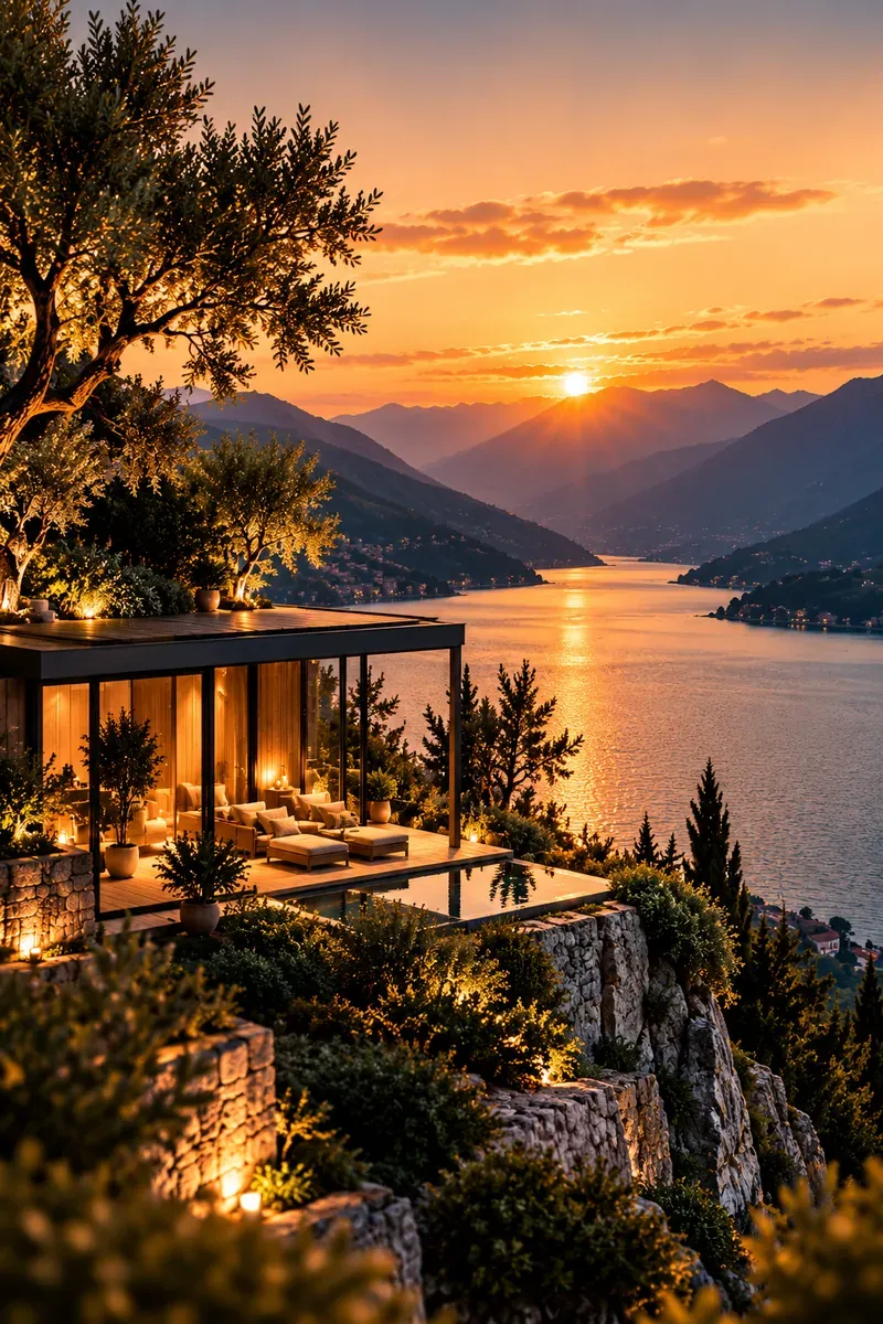 A lakeside property with terraces and a pool overlooking Lago Maggiore at sunset